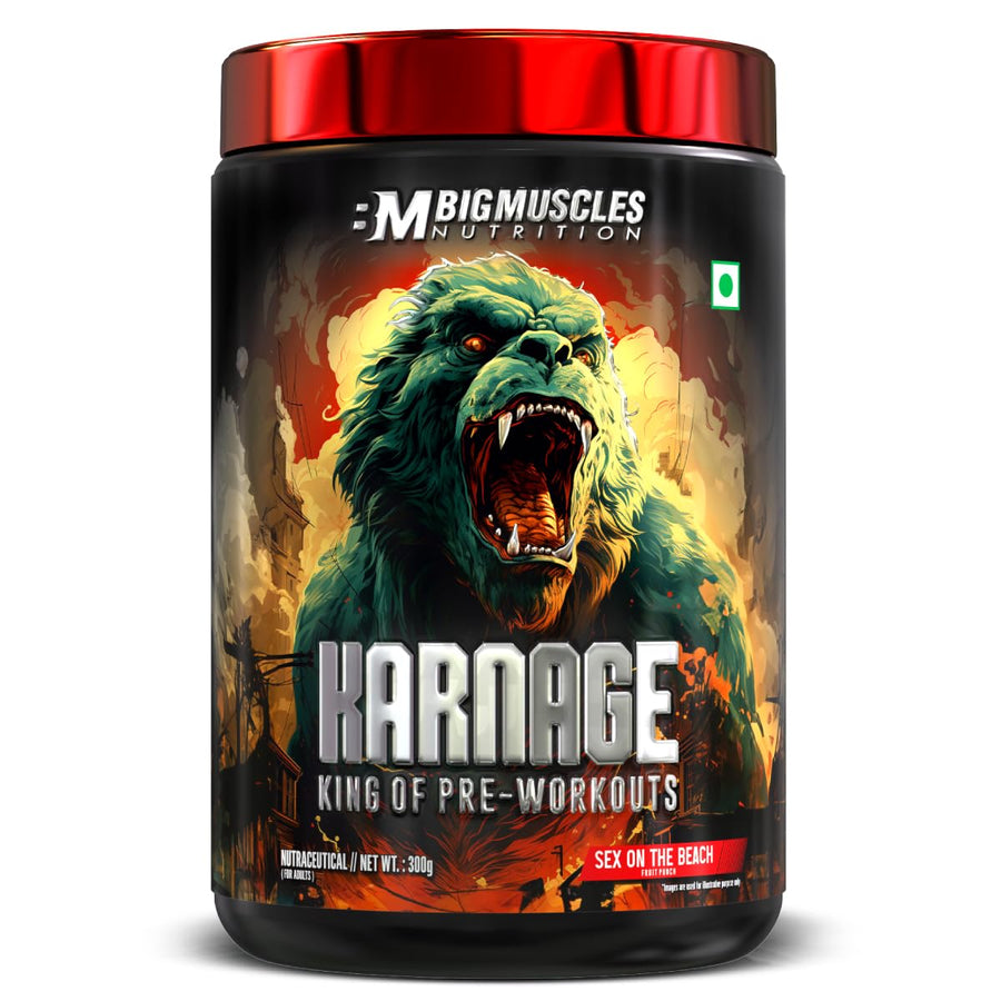 Bigmuscles Nutrition Karnage Pre Workout – 300g | 60 Servings | Sex On The Beach | Energy, Focus, Strength & Pump | Banned Substance Tested, Dope Free