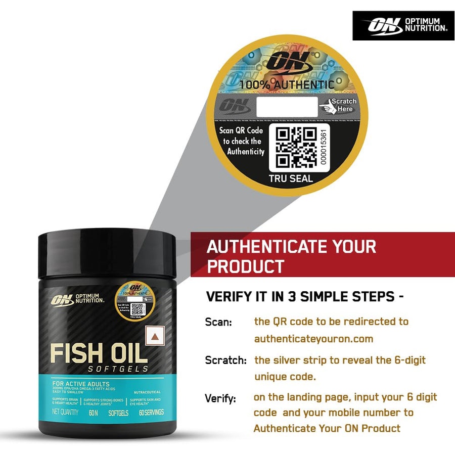 Optimum Nutrition (ON) Fish Oil | 300mg EPA/DHA Omega-3 Fatty Acids | Bones, Joints, Brain, Heart, Skin & Eye Health | 60 Softgels