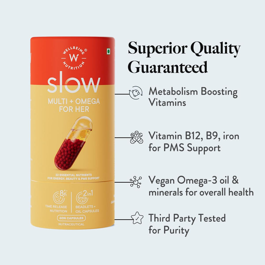 Wellbeing Nutrition Slow Multivitamin & Vegan Omega 3 for Women, Biotin, CoQ10, B-Complex, Iron, Zinc, Chromium, 60 Veg Capsules