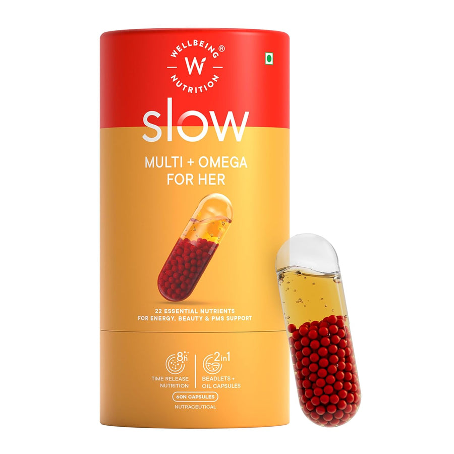 Wellbeing Nutrition Slow Multivitamin & Vegan Omega 3 for Women, Biotin, CoQ10, B-Complex, Iron, Zinc, Chromium, 60 Veg Capsules