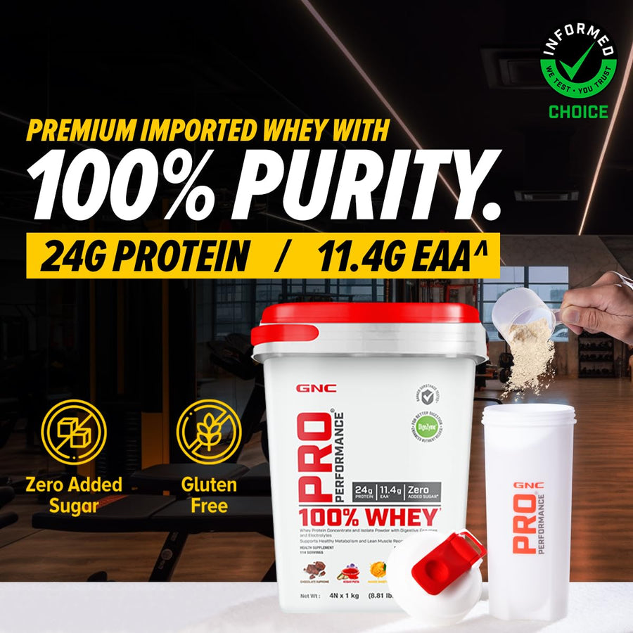 GNC Pro Performance 100% Whey Protein | 4kg (4 x 1kg Pouches) | Assorted 4 Flavours | 24g Protein
