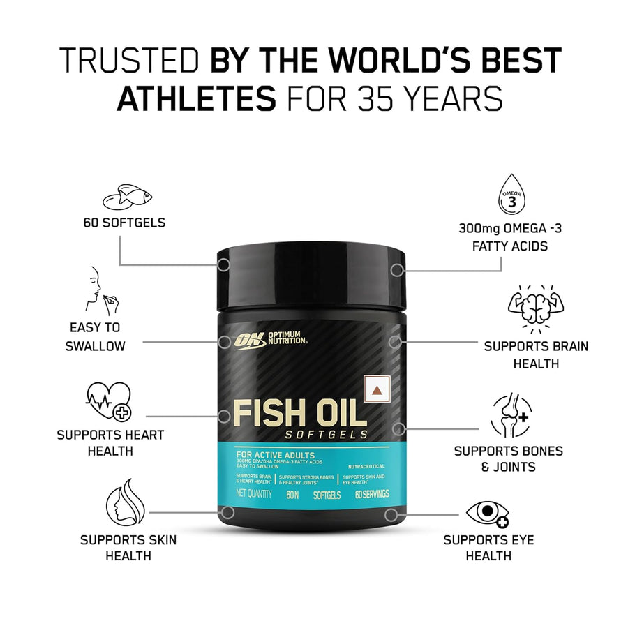 Optimum Nutrition (ON) Fish Oil | 300mg EPA/DHA Omega-3 Fatty Acids | Bones, Joints, Brain, Heart, Skin & Eye Health | 60 Softgels