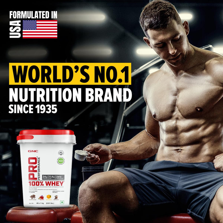 GNC Pro Performance 100% Whey Protein | 4kg (4 x 1kg Pouches) | Assorted 4 Flavours | 24g Protein