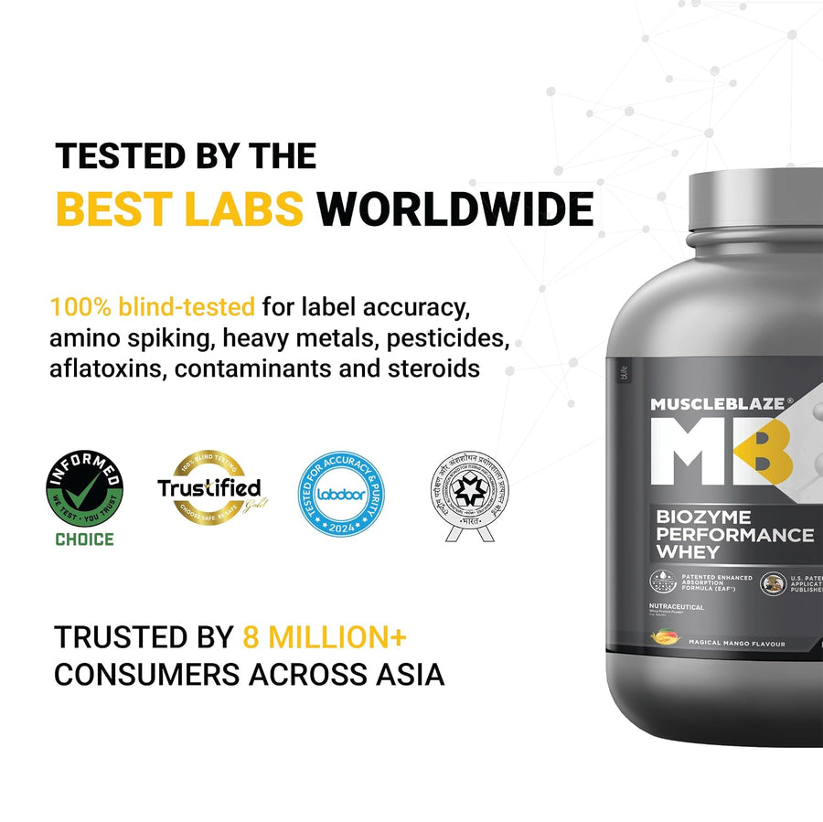 MuscleBlaze Biozyme Performance Whey | 2kg (56 Servings) | Magical Mango | 50% Higher Protein Absorption