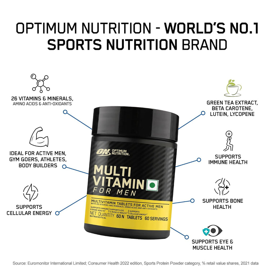Optimum Nutrition (ON) Multivitamin for Men | 60 Tablets | Unflavoured | 26 Vitamins & Minerals