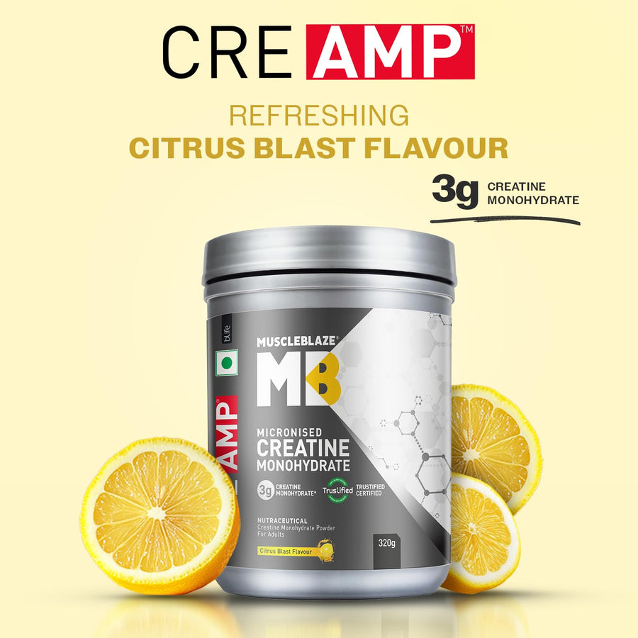 MuscleBlaze CreAMP Creatine Monohydrate | 320g (80 Servings) | Citrus Blast | 4g Creatine