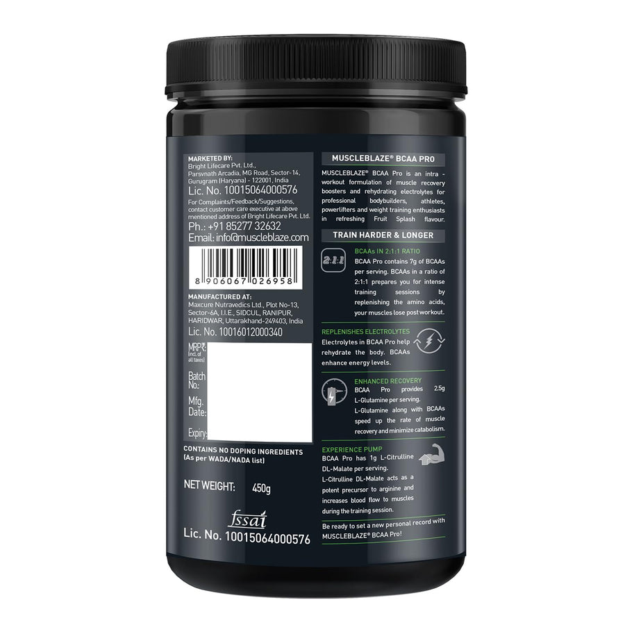 MuscleBlaze BCAA Pro Powder | 450g (30 Servings) | Tropical Fest / Fruit Splash | 5–7g BCAAs