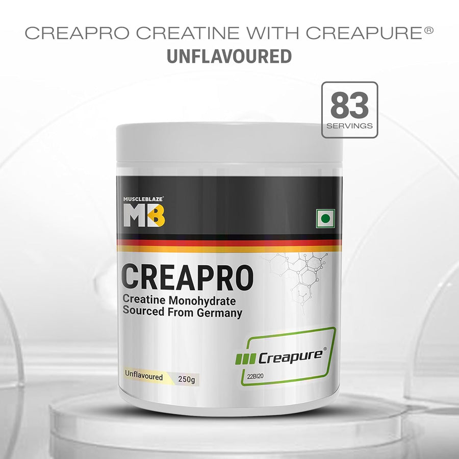 MuscleBlaze CreaPRO Creatine Monohydrate with Creapure® – 100g | Unflavoured | 33 Servings | 3g 99.99% Pure Creatine | Sourced from AlzChem, Germany | Micronised for Maximum Absorption
