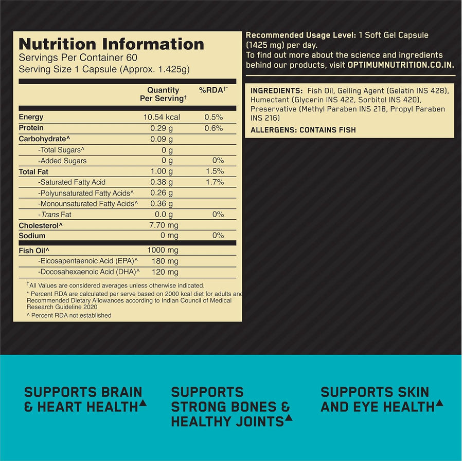 Optimum Nutrition (ON) Fish Oil | 300mg EPA/DHA Omega-3 Fatty Acids | Bones, Joints, Brain, Heart, Skin & Eye Health | 60 Softgels