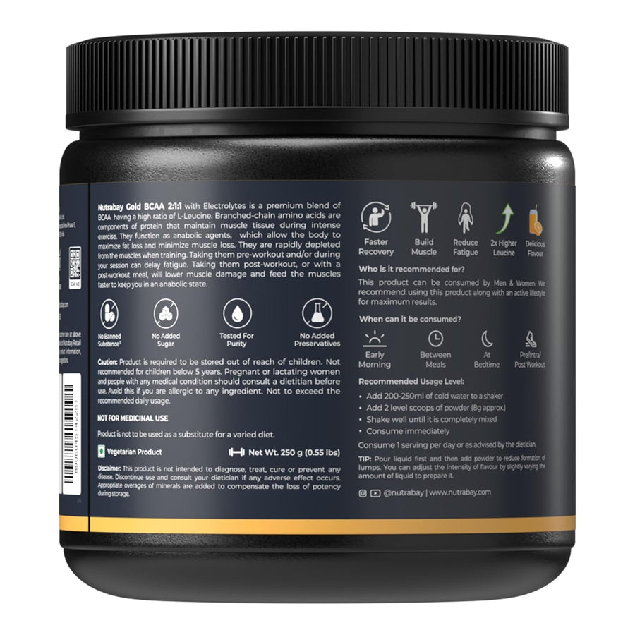 Nutrabay Gold BCAA 2:1:1 with Electrolytes | 250g (31 Servings) Orange 5g BCAA