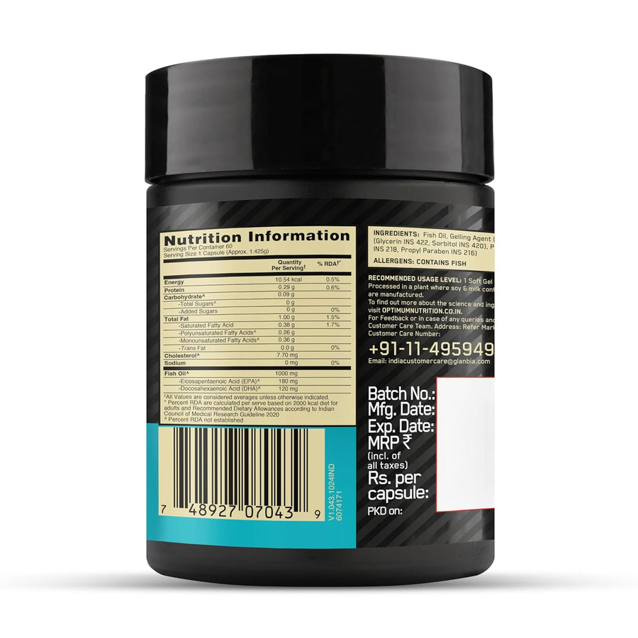 Optimum Nutrition (ON) Fish Oil | 300mg EPA/DHA Omega-3 Fatty Acids | Bones, Joints, Brain, Heart, Skin & Eye Health | 60 Softgels