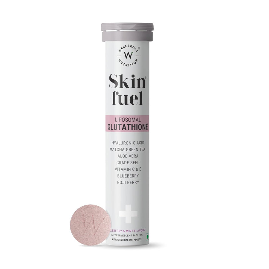 Wellbeing Nutrition Skin Fuel Liposomal Glutathione 90% (600mg) with Hyaluronic Acid, Vitamin C & E - Blueberry Mint - 15 Effervescent Tablets