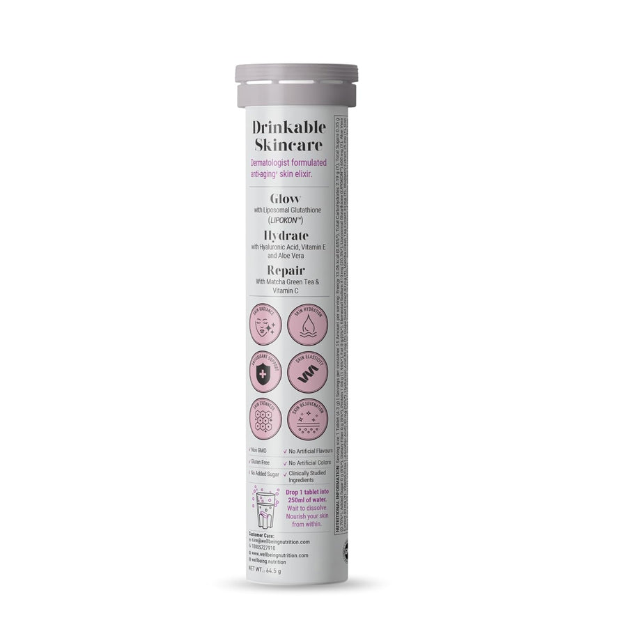 Wellbeing Nutrition Skin Fuel Liposomal Glutathione 90% (600mg) with Hyaluronic Acid, Vitamin C & E - Blueberry Mint - 15 Effervescent Tablets
