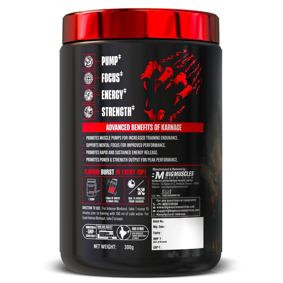 Bigmuscles Nutrition Karnage Pre Workout – 300g | 60 Servings | Sex On The Beach | Energy, Focus, Strength & Pump | Banned Substance Tested, Dope Free