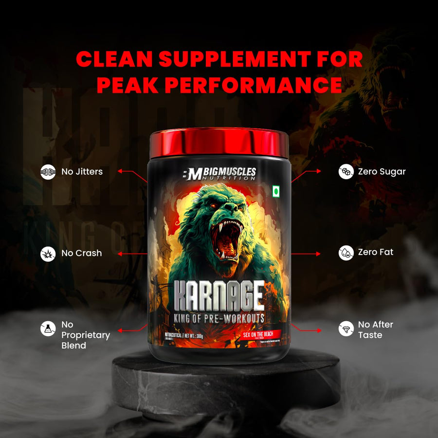 Bigmuscles Nutrition Karnage Pre Workout – 300g | 60 Servings | Sex On The Beach | Energy, Focus, Strength & Pump | Banned Substance Tested, Dope Free