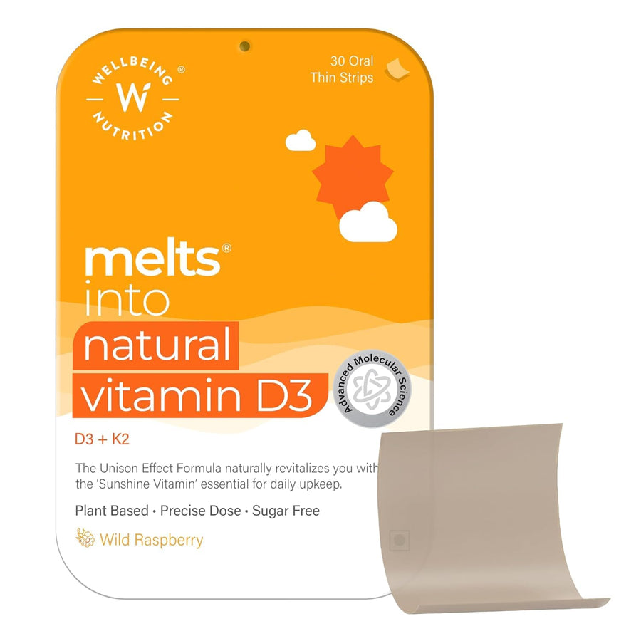 Wellbeing Nutrition Melts Natural Vitamin D3 600IU + K2 MK7 with Resveratrol & Vitamin A - 30 Oral Strips