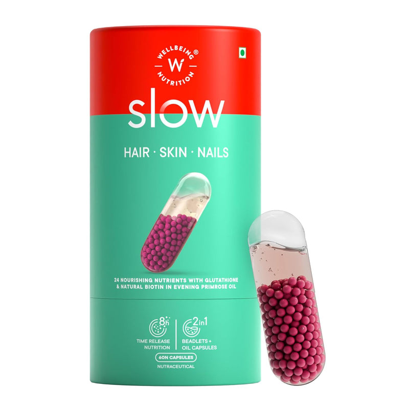 Wellbeing Nutrition Slow Skin Hair and Nails Capsules for Women & Men - 10,000mcg Biotin, Keratin, Vit C, Glutathione, HLA, Primrose Oil - 60 Capsules
