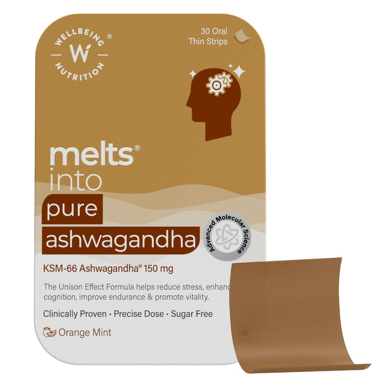Wellbeing Nutrition Melts Pure Ashwagandha - Organic KSM-66 Ashwagandha 150mg - Stress & Anxiety Relief - Orange Mint - 30 Oral Strips