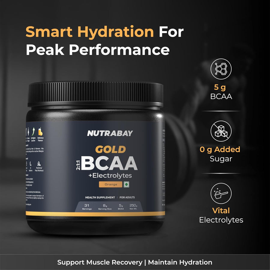 Nutrabay Gold BCAA 2:1:1 with Electrolytes | 250g (31 Servings)  Orange  5g BCAA