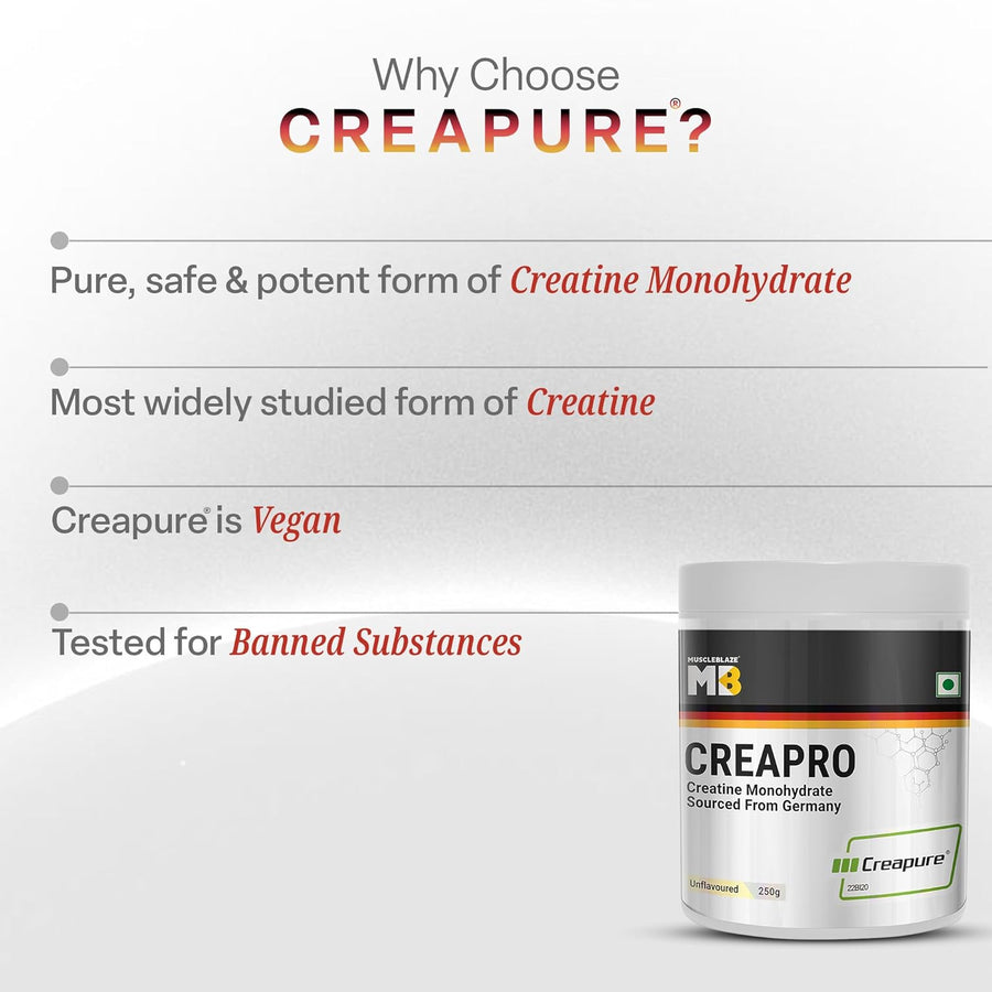 MuscleBlaze CreaPRO Creatine Monohydrate with Creapure® – 100g | Unflavoured | 33 Servings | 3g 99.99% Pure Creatine | Sourced from AlzChem, Germany | Micronised for Maximum Absorption