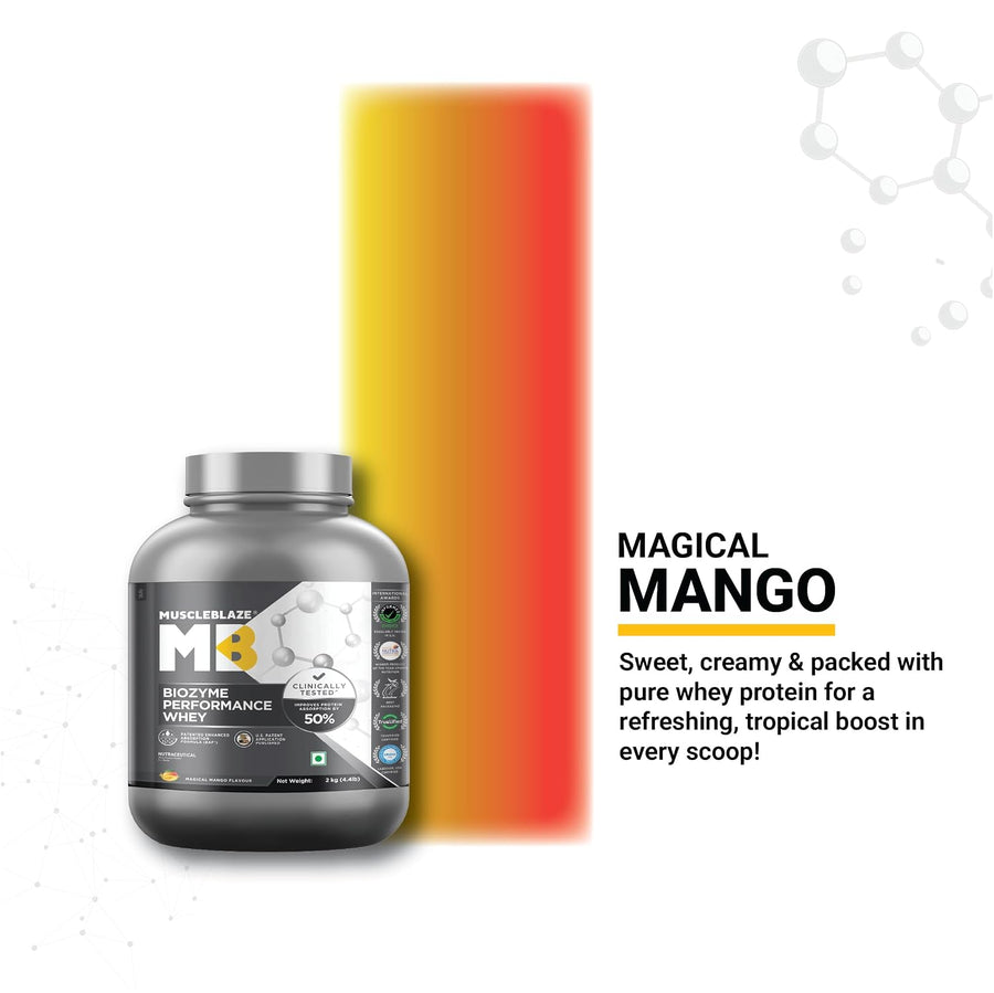 MuscleBlaze Biozyme Performance Whey | 2kg (56 Servings) | Magical Mango | 50% Higher Protein Absorption