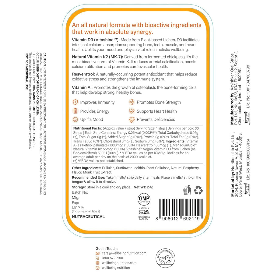Wellbeing Nutrition Melts Natural Vitamin D3 600IU + K2 MK7 with Resveratrol & Vitamin A - 30 Oral Strips