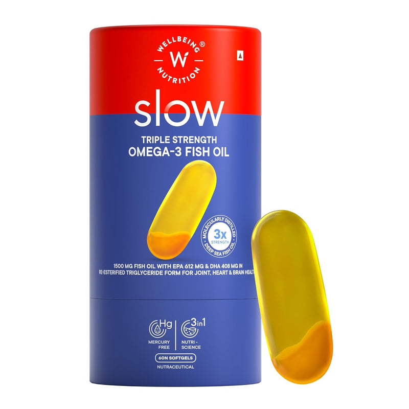 Wellbeing Nutrition Slow Triple Strength Omega 3 Fish Oil Supplement | 1500mg Fish Oil Capsules EPA and DHA | No Fishy Burps | Supports Brain, Heart & Joint Health | 60 Softgels