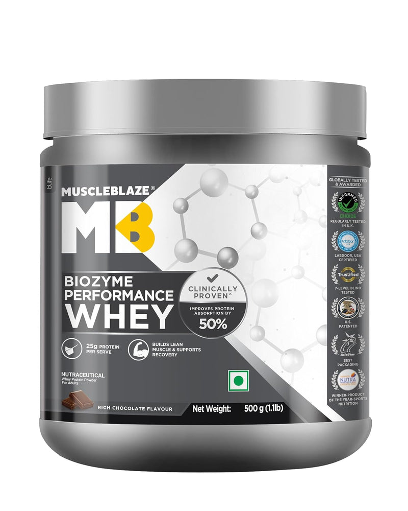 MuscleBlaze Biozyme Performance Whey Protein – 500g (1.1lbs) | Rich Chocolate | 25g Protein Per Scoop | 50% Higher Absorption