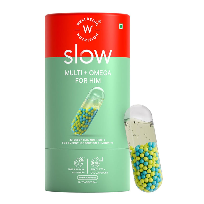 Wellbeing Nutrition Slow Multivitamin + Omega 3 for Men with Probiotics, B-Complex, Ginseng, 23 Vitamins & Minerals, 60 Veg Capsules