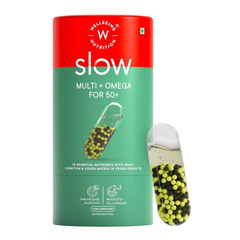 Wellbeing Nutrition Slow Multivitamin + Omega 3 for Men & Women, Adult 50+ | B-Complex, CoQ10, Vitamin D3, C, Zinc, Calcium + 40 Nutrients | Energy, Immunity, Joint, Heart & Memory, 60 Veg Capsules