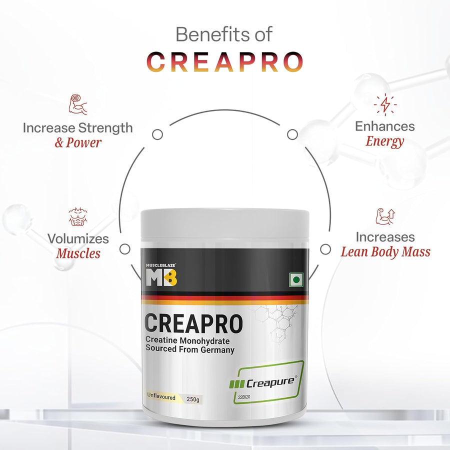 MuscleBlaze CreaPRO Creatine Monohydrate with Creapure® – 100g | Unflavoured | 33 Servings | 3g 99.99% Pure Creatine | Sourced from AlzChem, Germany | Micronised for Maximum Absorption
