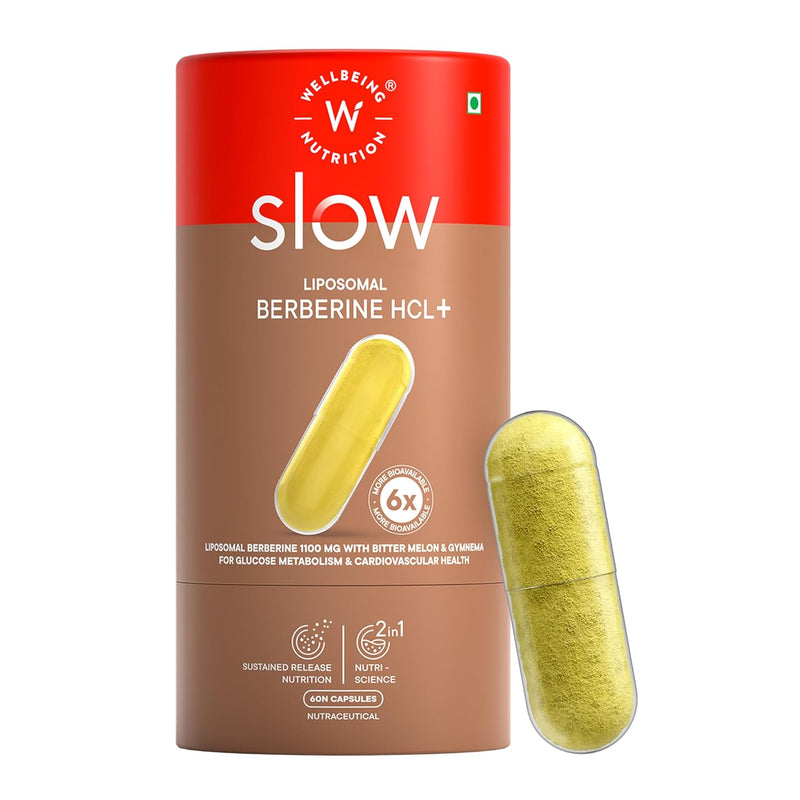 Wellbeing Nutrition Slow Liposomal Berberine HCL+ 1100mg with Karela, Cinnamon, Gymnema, Chromium | For Metabolism, Hormonal Balance, Healthy Blood Sugar & Cholesterol Levels | 60 Veg Capsules