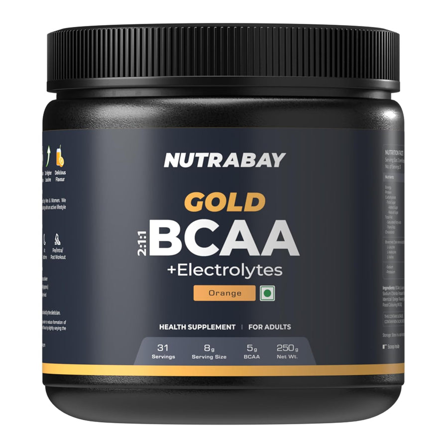 Nutrabay Gold BCAA 2:1:1 with Electrolytes | 250g (31 Servings)  Orange  5g BCAA