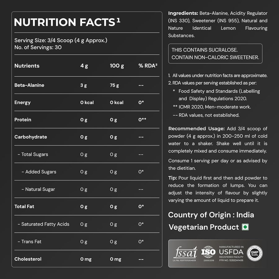 Nutrabay Gold Beta Alanine | 120g | Lemon | Pre-Workout Amino Acid