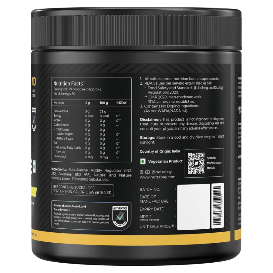 Nutrabay Gold Beta Alanine | 120g | Lemon | Pre-Workout Amino Acid