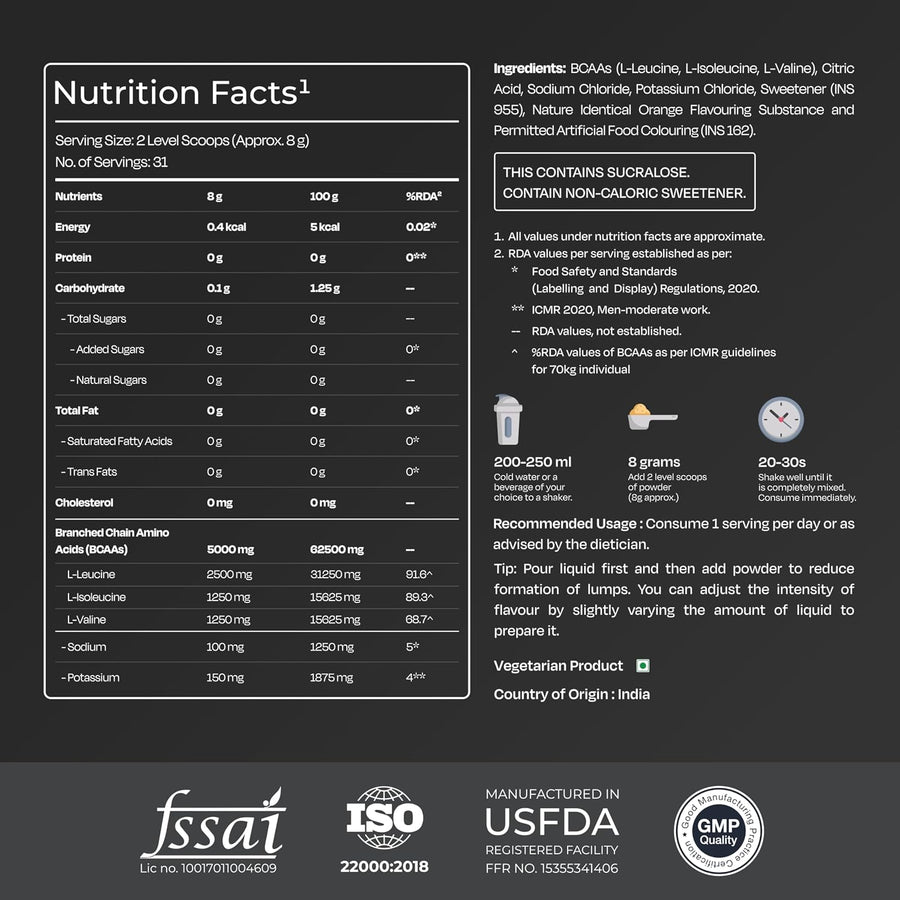 Nutrabay Gold BCAA 2:1:1 with Electrolytes | 250g (31 Servings)  Orange  5g BCAA