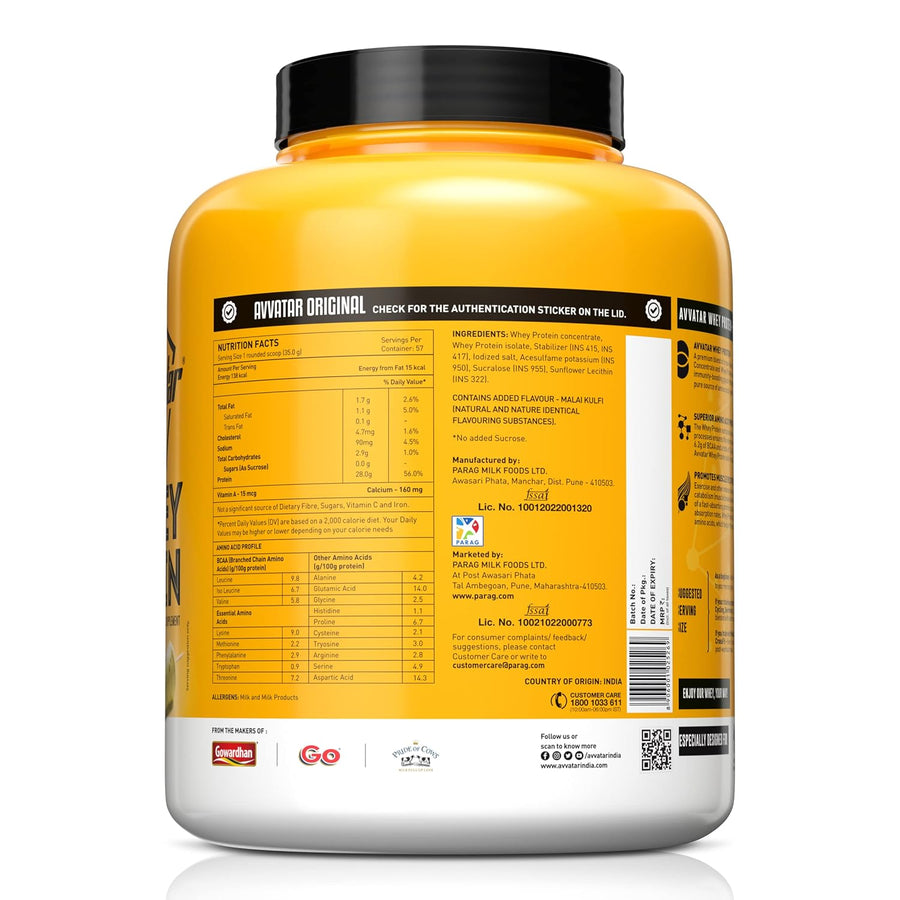 avvatar Whey Protein | 2Kg | Malai Kulfi | 28g Protein | 57 Servings | Isolate & Concentrate Blend