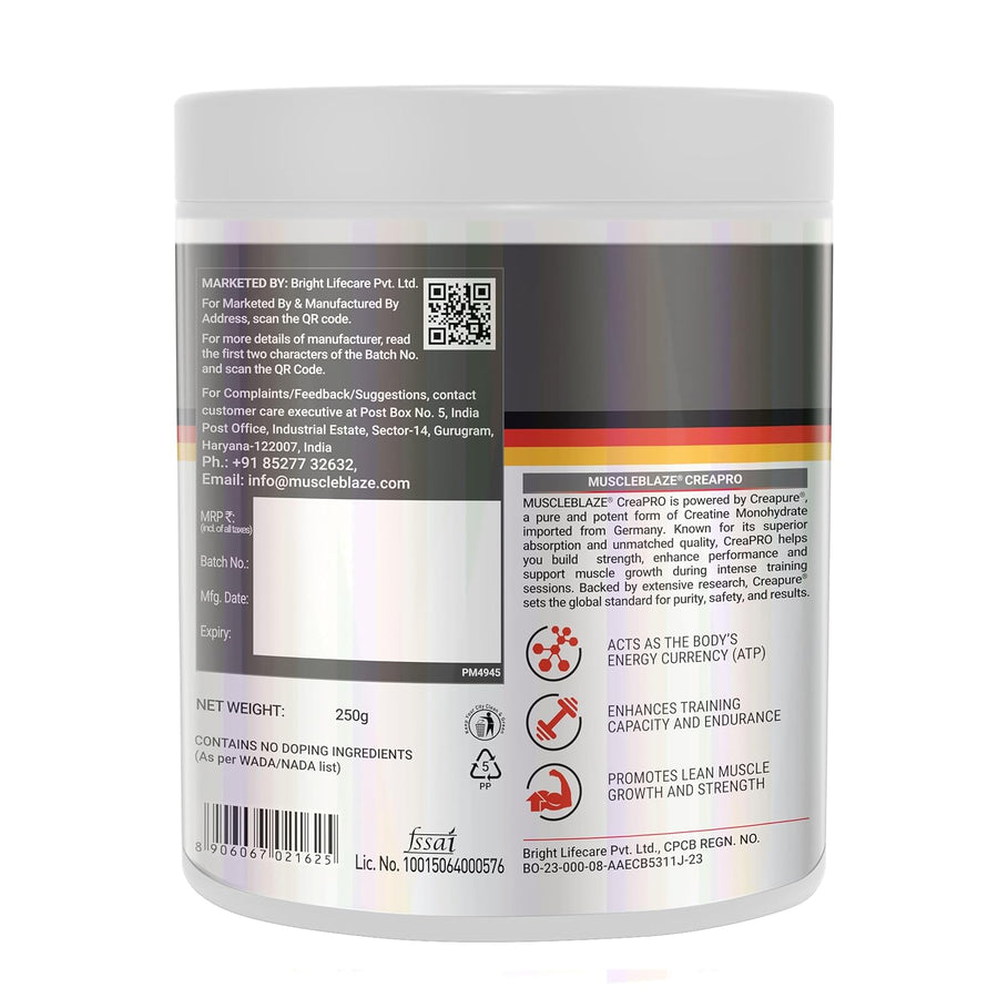 MuscleBlaze CreaPRO Creatine Monohydrate with Creapure® – 100g | Unflavoured | 33 Servings | 3g 99.99% Pure Creatine | Sourced from AlzChem, Germany | Micronised for Maximum Absorption