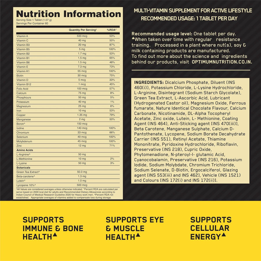 Optimum Nutrition (ON) Multivitamin for Men | 60 Tablets | Unflavoured | 26 Vitamins & Minerals